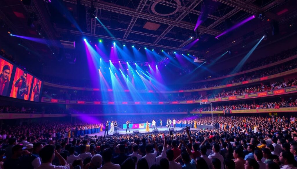 Indian music industry showing concert venue with performers and audience