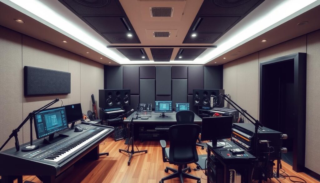 Modern music studio with digital equipment and recording setup Modern music studio with digital equipment and recording setup